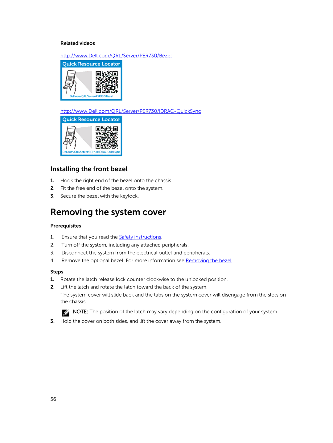 Dell R730xd owner manual Removing the system cover, Installing the front bezel 