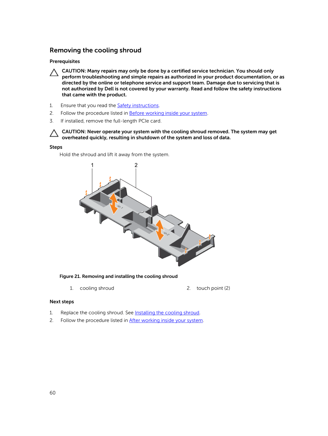 Dell R730xd owner manual Removing the cooling shroud, Removing and installing the cooling shroud 