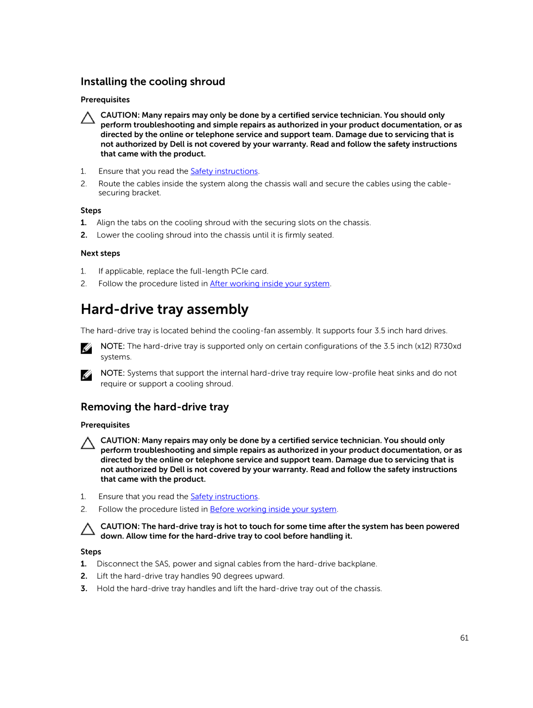 Dell R730xd owner manual Hard-drive tray assembly, Installing the cooling shroud, Removing the hard-drive tray 