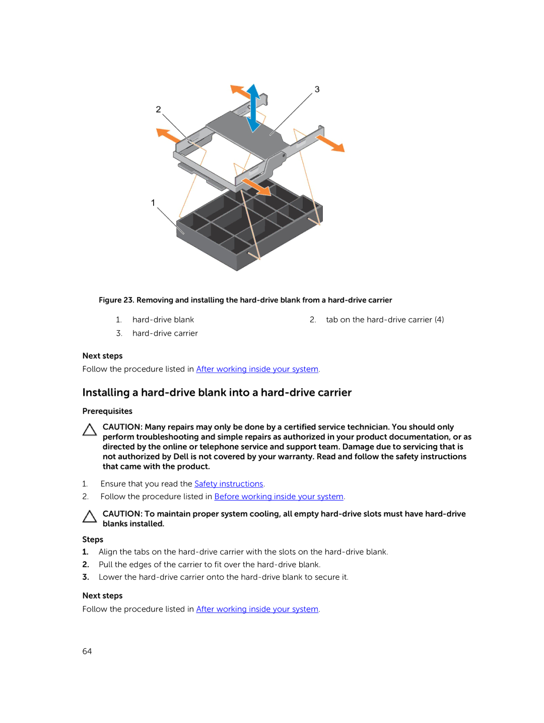 Dell R730xd owner manual Installing a hard-drive blank into a hard-drive carrier 