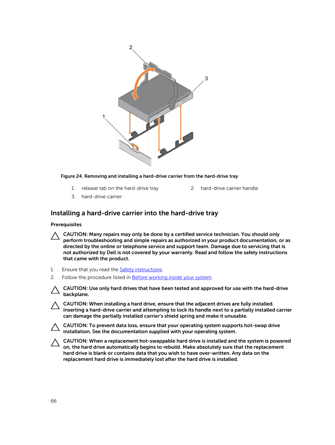 Dell R730xd owner manual Installing a hard-drive carrier into the hard-drive tray 