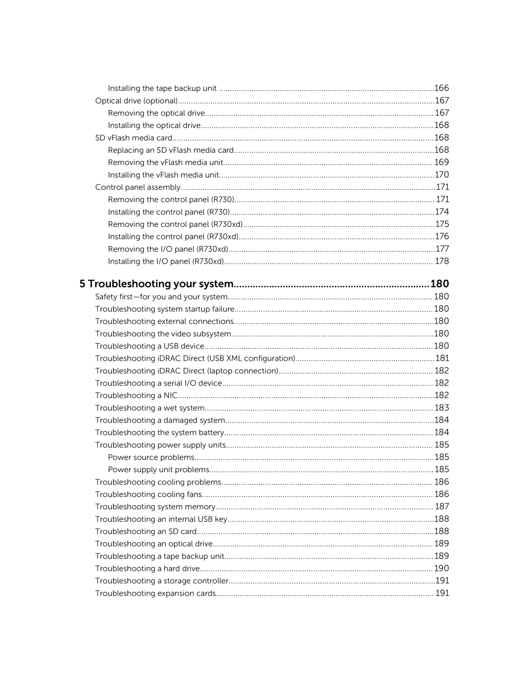 Dell R730xd owner manual Troubleshooting your system 180 