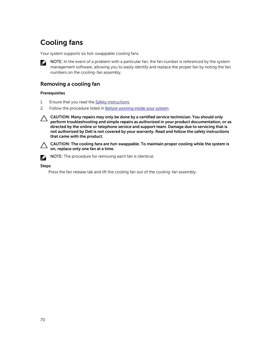 Dell R730xd owner manual Cooling fans, Removing a cooling fan 