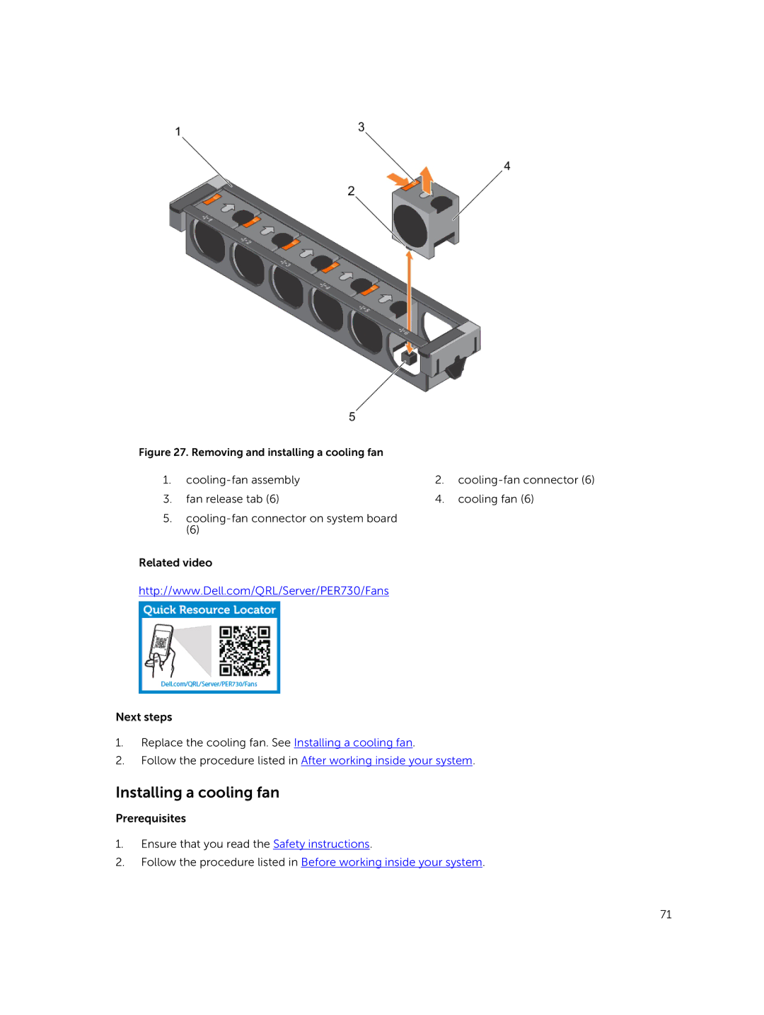 Dell R730xd owner manual Installing a cooling fan, Removing and installing a cooling fan 