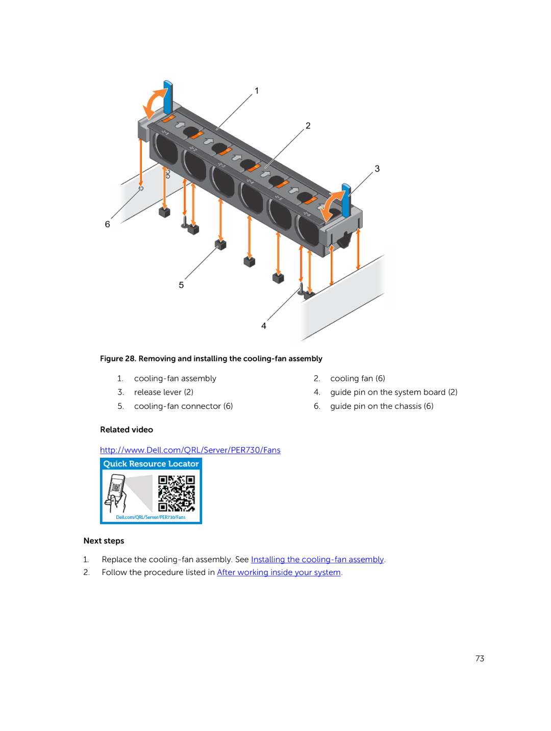 Dell R730xd owner manual Cooling-fan assembly Cooling fan Release lever 