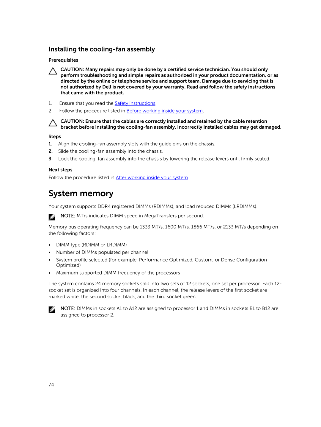 Dell R730xd owner manual System memory, Installing the cooling-fan assembly 