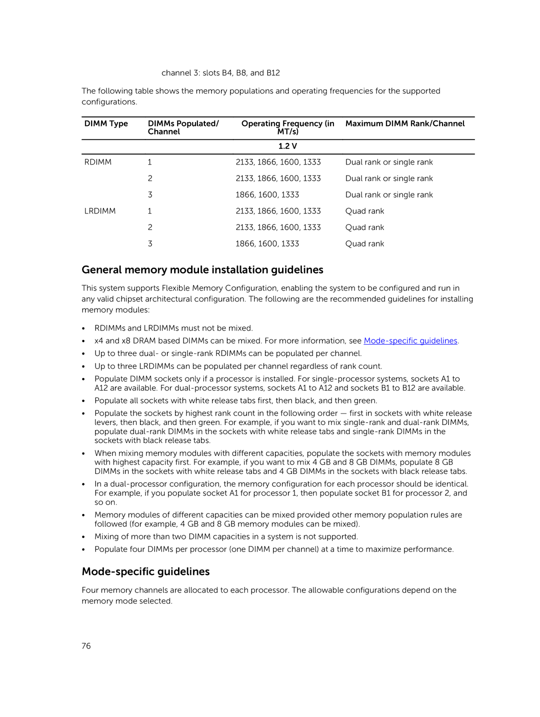 Dell R730xd owner manual General memory module installation guidelines, Mode-specific guidelines 