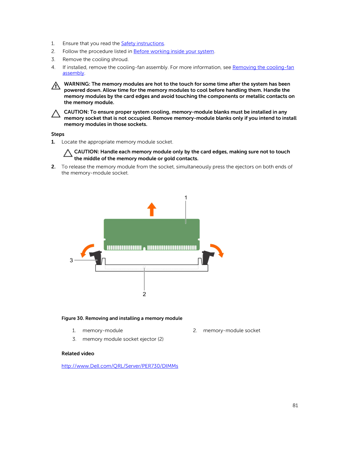 Dell R730xd owner manual Removing and installing a memory module 