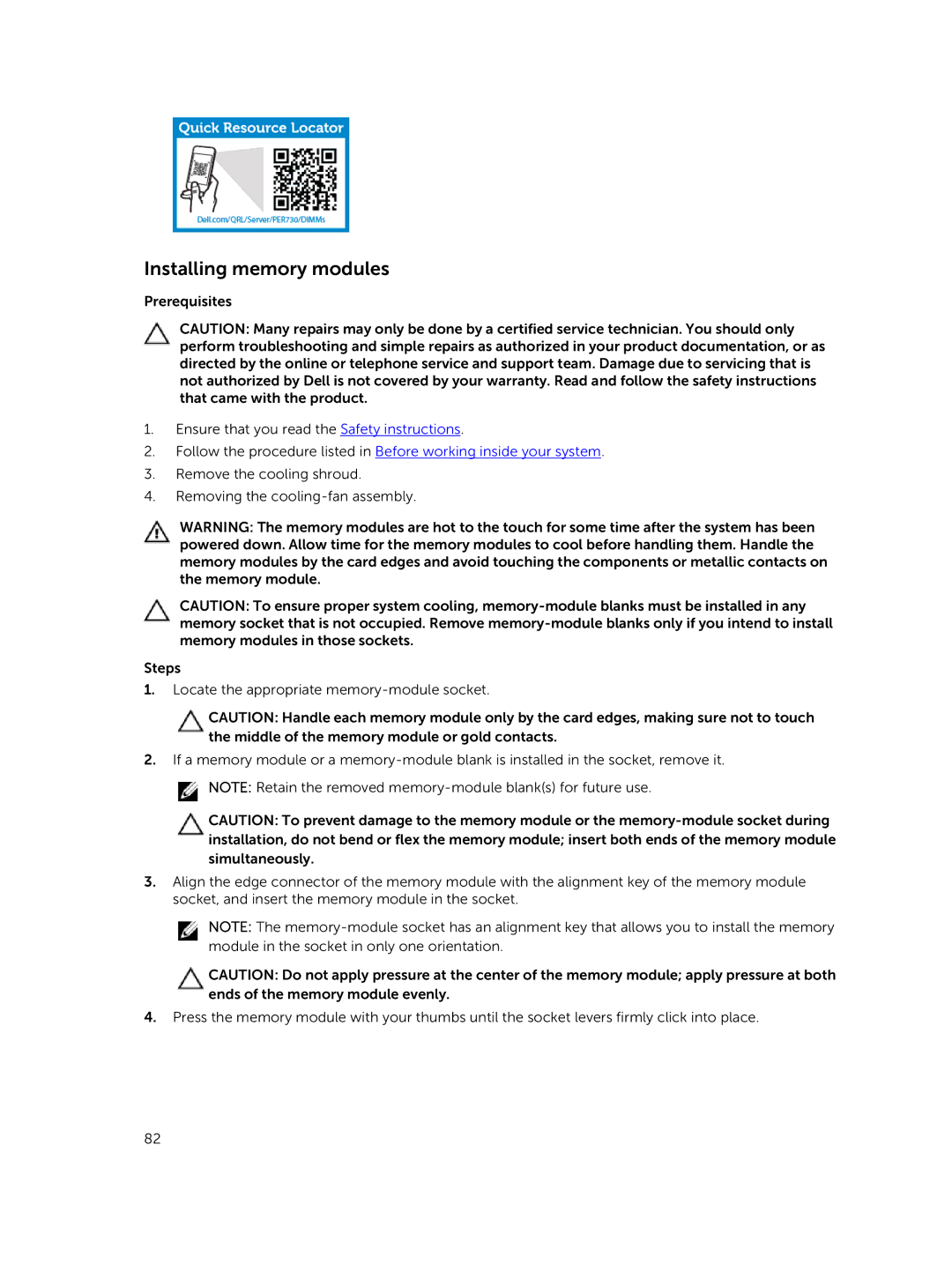 Dell R730xd owner manual Installing memory modules 