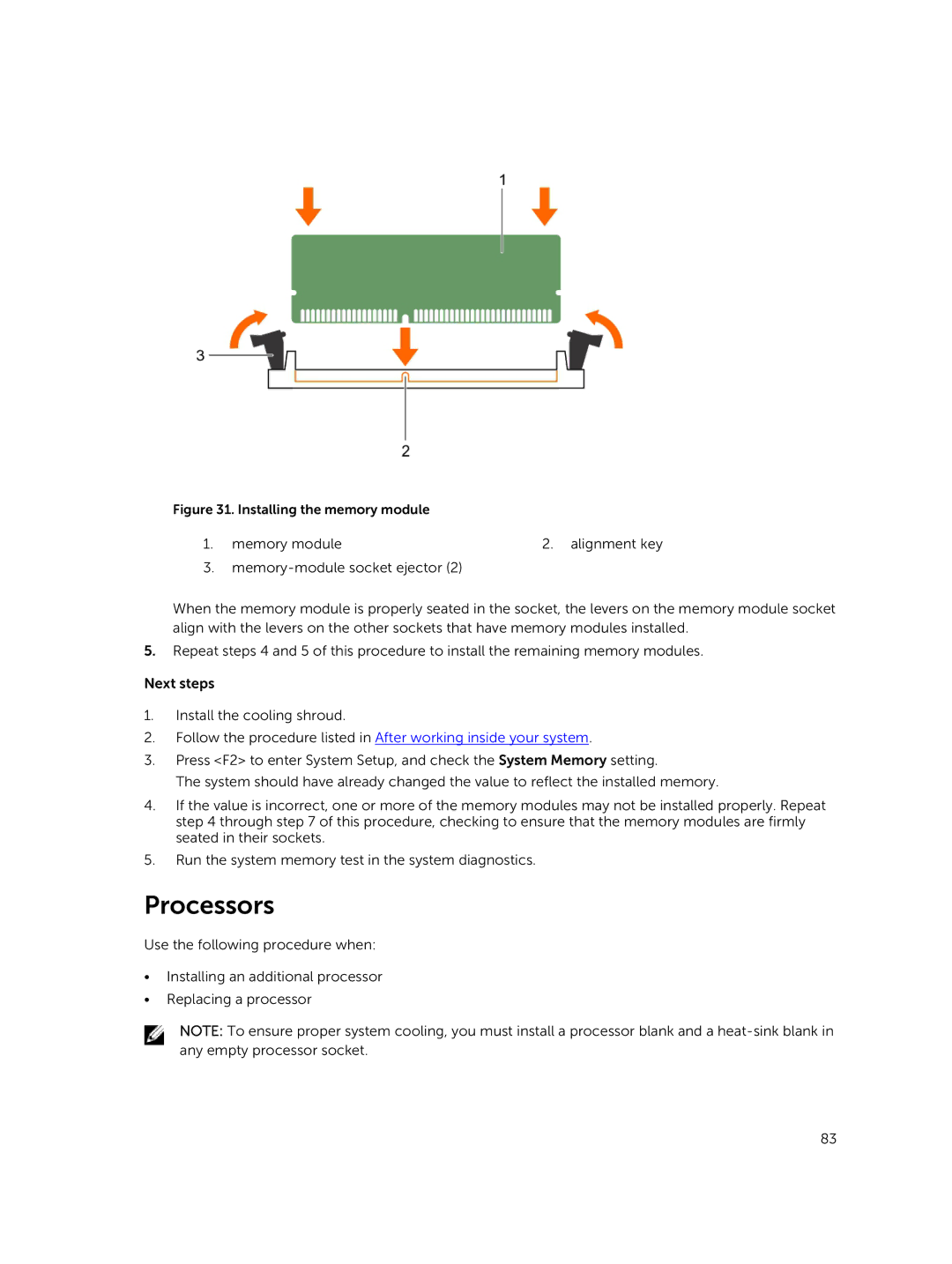 Dell R730xd owner manual Processors, Installing the memory module 