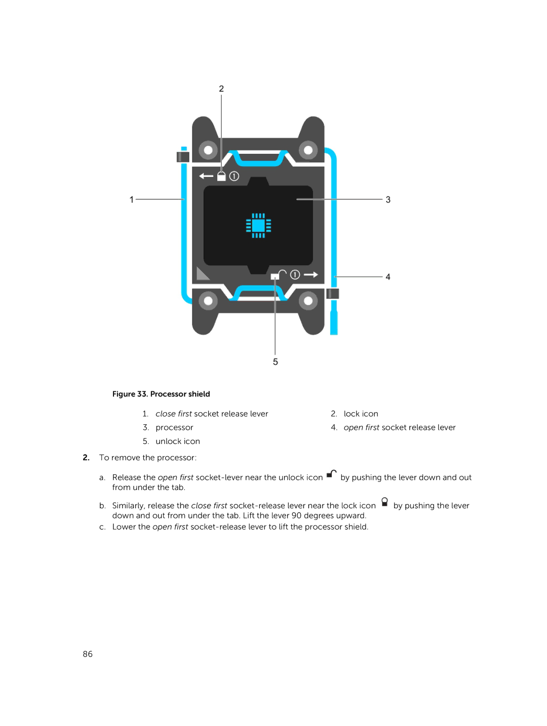 Dell R730xd owner manual Close first socket release lever Lock icon Processor 