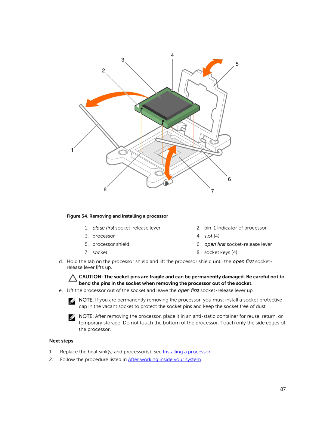 Dell R730xd owner manual Removing and installing a processor 