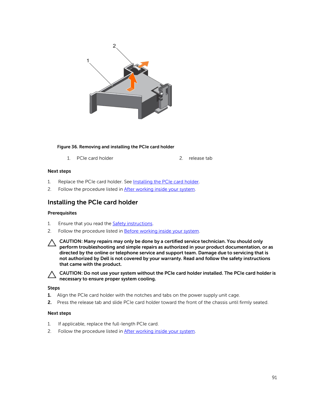 Dell R730xd owner manual Installing the PCIe card holder, Removing and installing the PCIe card holder 