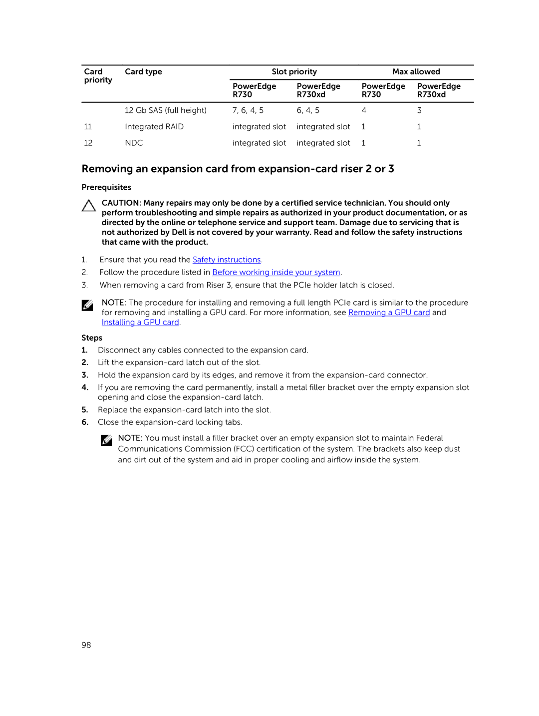 Dell R730xd owner manual Removing an expansion card from expansion-card riser 2 or 