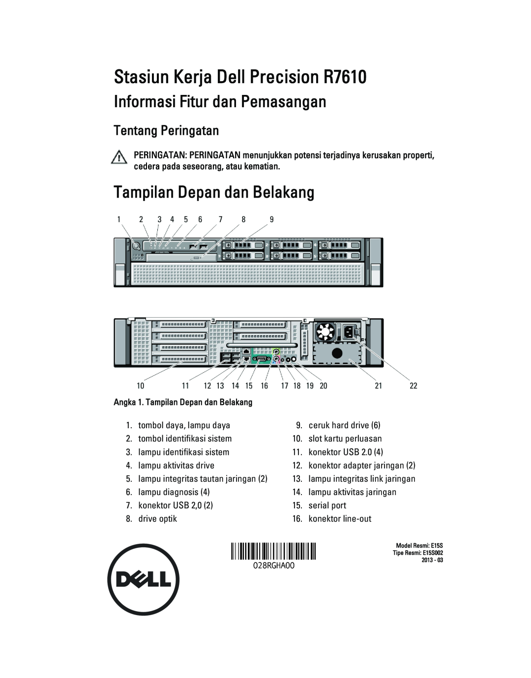 Dell manual Informasi Fitur dan Pemasangan, Tampilan Depan dan Belakang, Stasiun Kerja Dell Precision R7610 