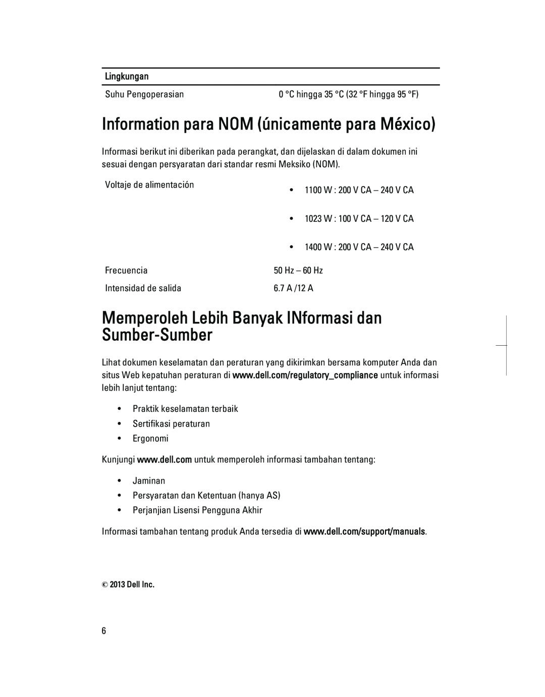 Dell R7610 manual Information para NOM únicamente para México, Lingkungan 