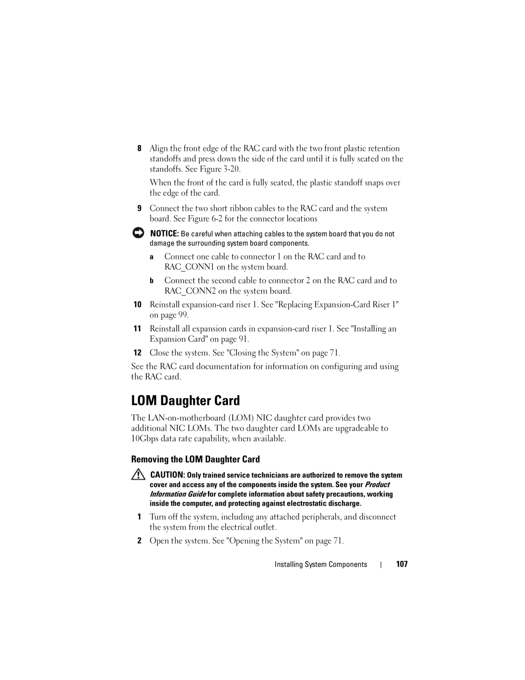 Dell R805 owner manual Removing the LOM Daughter Card, 107 