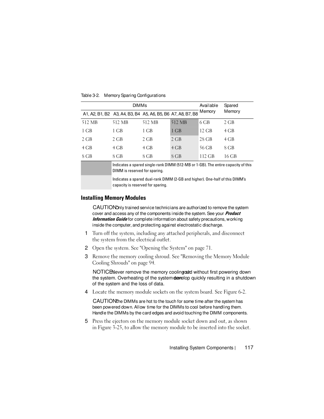 Dell R805 owner manual Installing Memory Modules, 117, Memory Sparing Configurations DIMMs Available Spared 