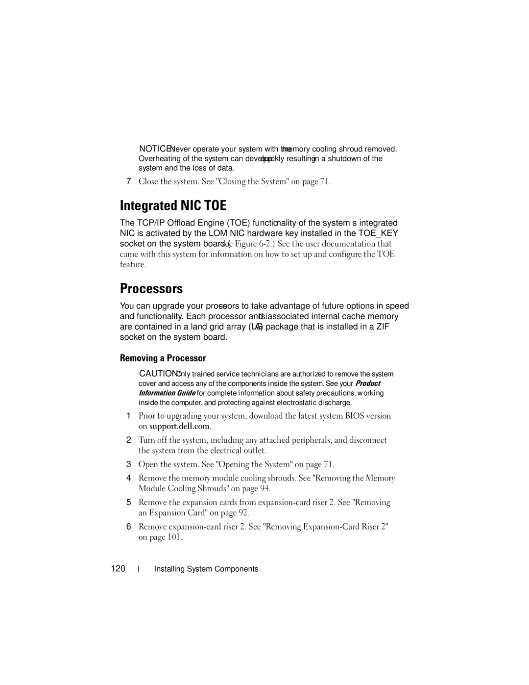 Dell R805 owner manual Integrated NIC TOE, Processors, Removing a Processor 