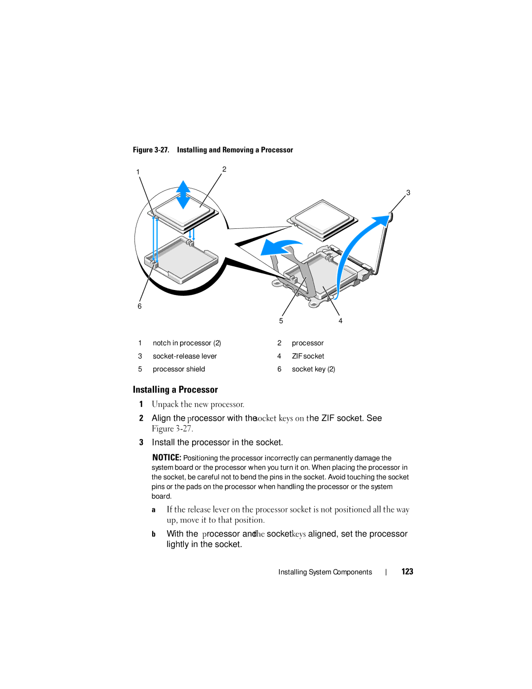 Dell R805 owner manual Installing a Processor, 123 