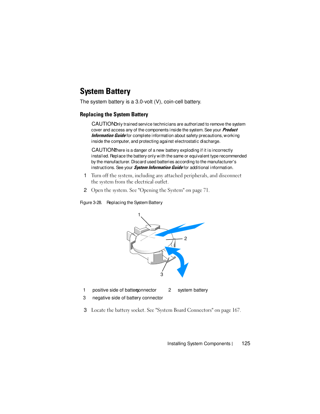 Dell R805 owner manual Replacing the System Battery, System battery is a 3.0-volt V, coin-cell battery, 125 