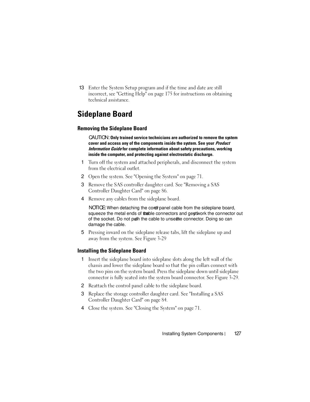 Dell R805 owner manual Removing the Sideplane Board, Installing the Sideplane Board, 127 