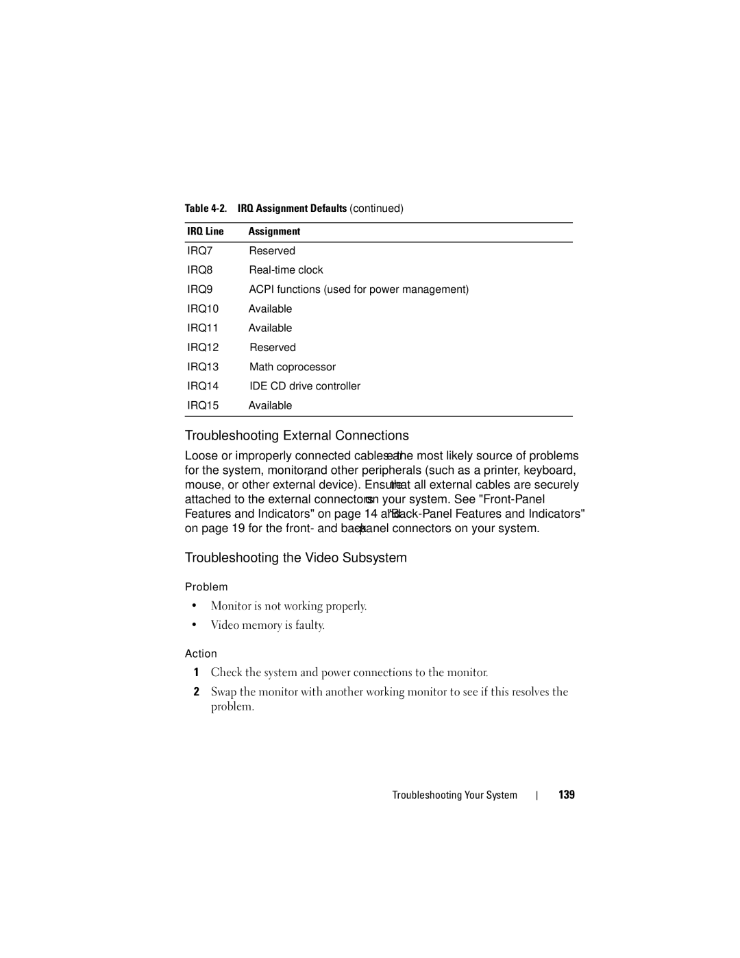 Dell R805 owner manual Troubleshooting External Connections, Troubleshooting the Video Subsystem, 139 