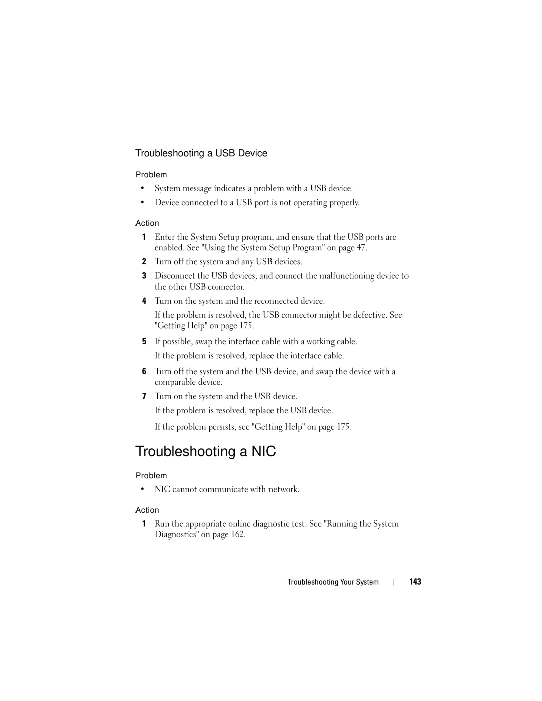 Dell R805 owner manual Troubleshooting a NIC, Troubleshooting a USB Device, NIC cannot communicate with network, 143 