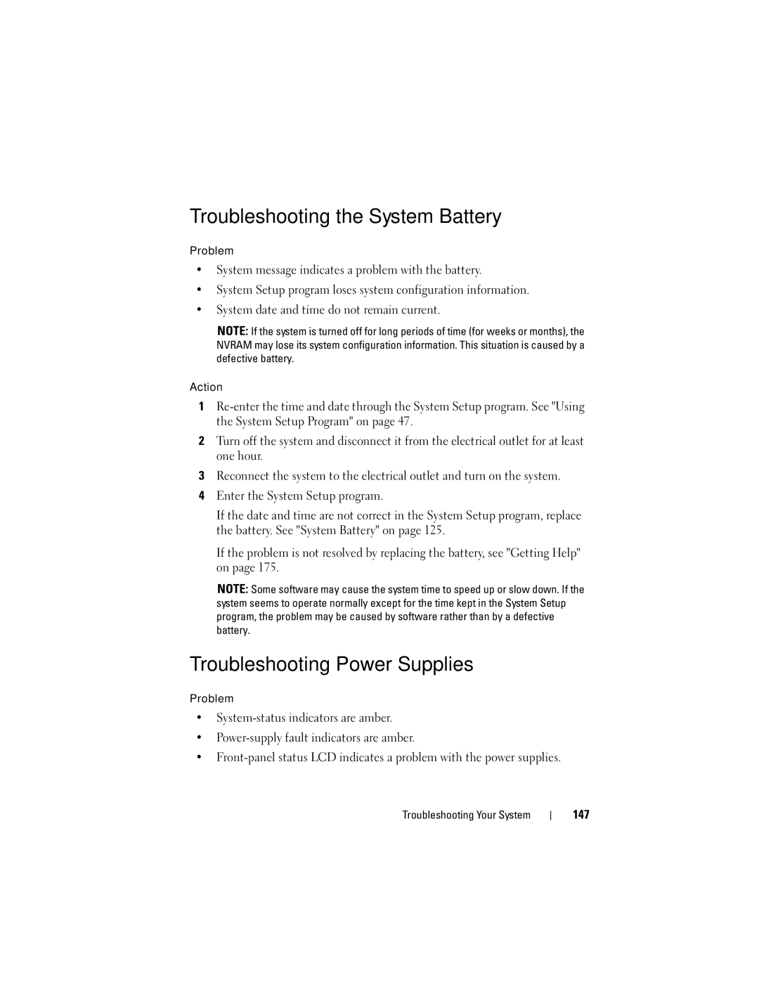 Dell R805 owner manual Troubleshooting the System Battery, Troubleshooting Power Supplies, 147 