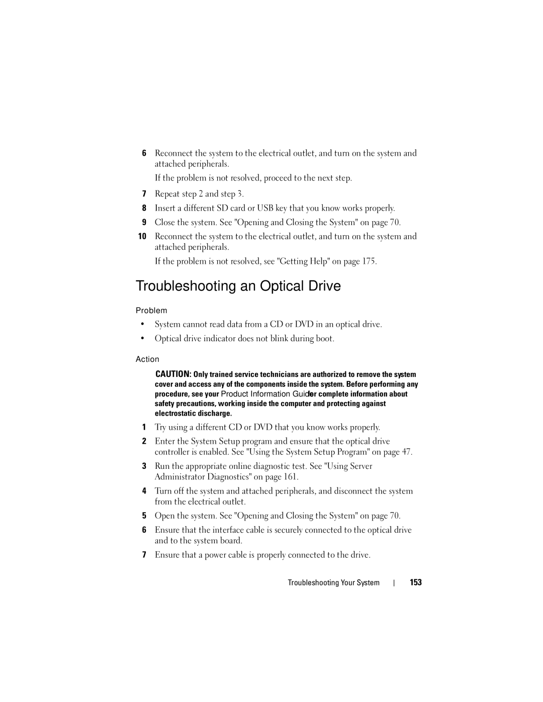 Dell R805 owner manual Troubleshooting an Optical Drive, 153 