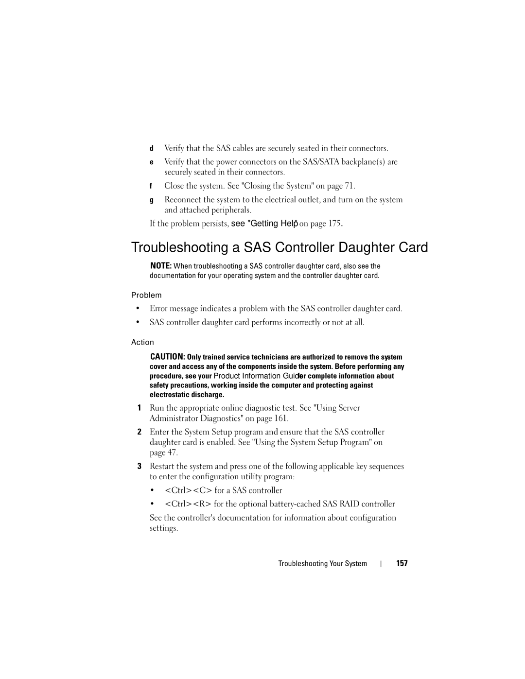 Dell R805 owner manual Troubleshooting a SAS Controller Daughter Card, 157 