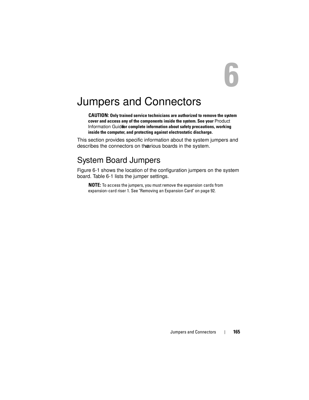 Dell R805 owner manual System Board Jumpers, 165, Jumpers and Connectors 