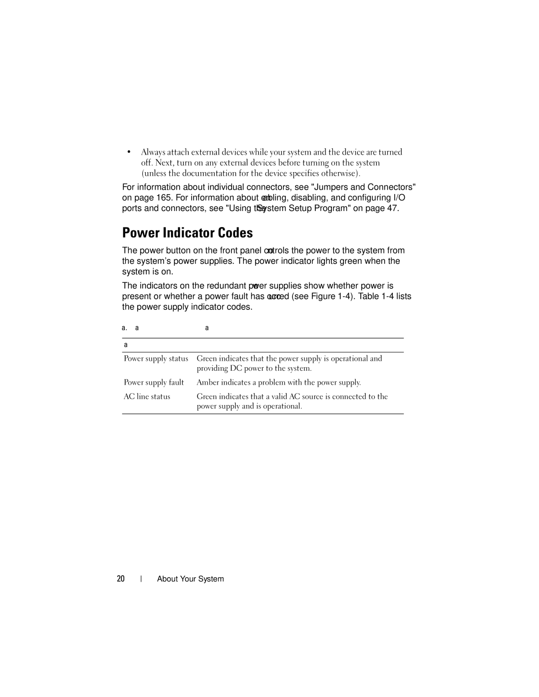 Dell R805 owner manual Power Indicator Codes 