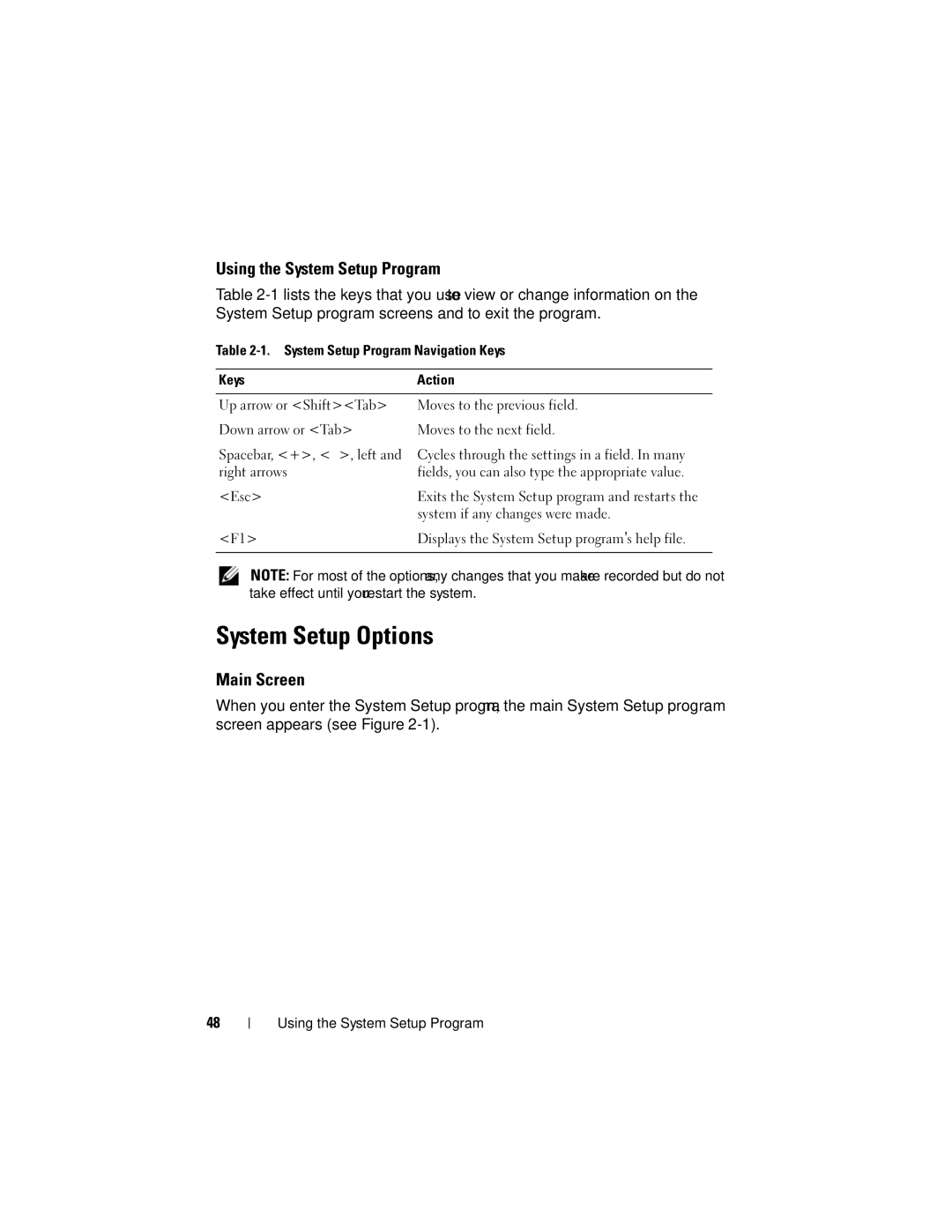 Dell R805 owner manual System Setup Options, Using the System Setup Program, Main Screen, System if any changes were made 