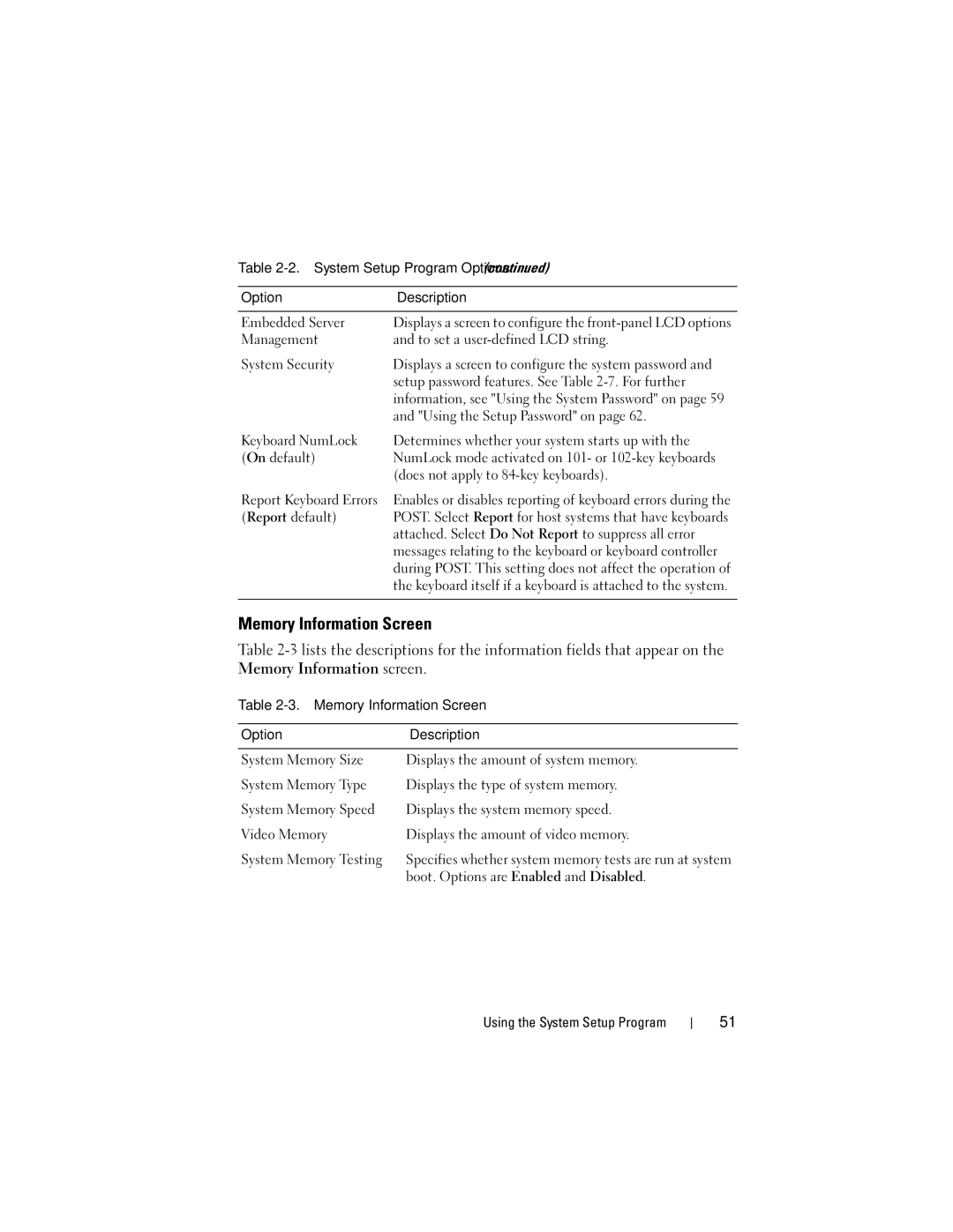 Dell R805 owner manual Memory Information Screen 