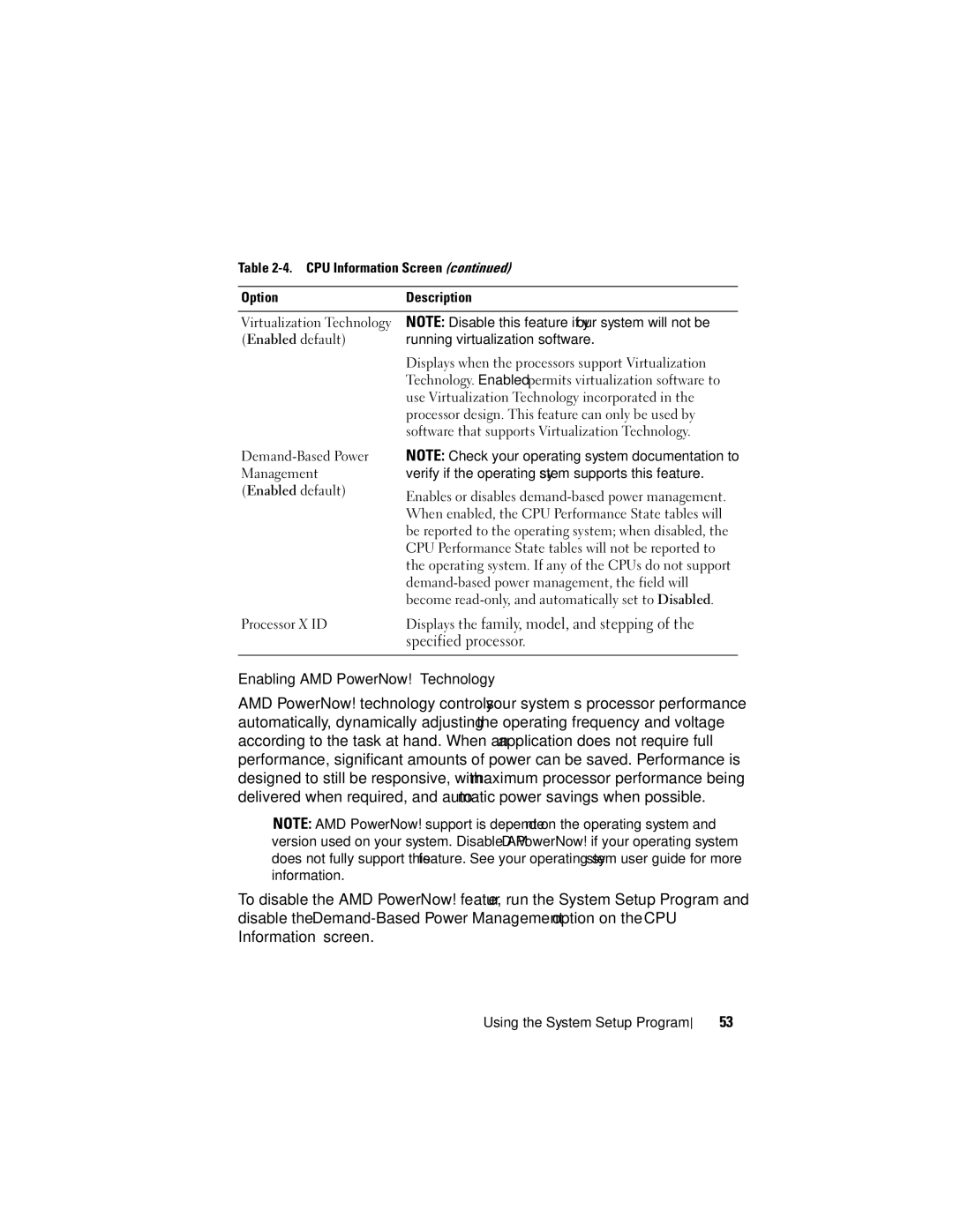 Dell R805 owner manual Displays the family, model, and stepping, Specified processor, Enabling AMD PowerNow! Technology 