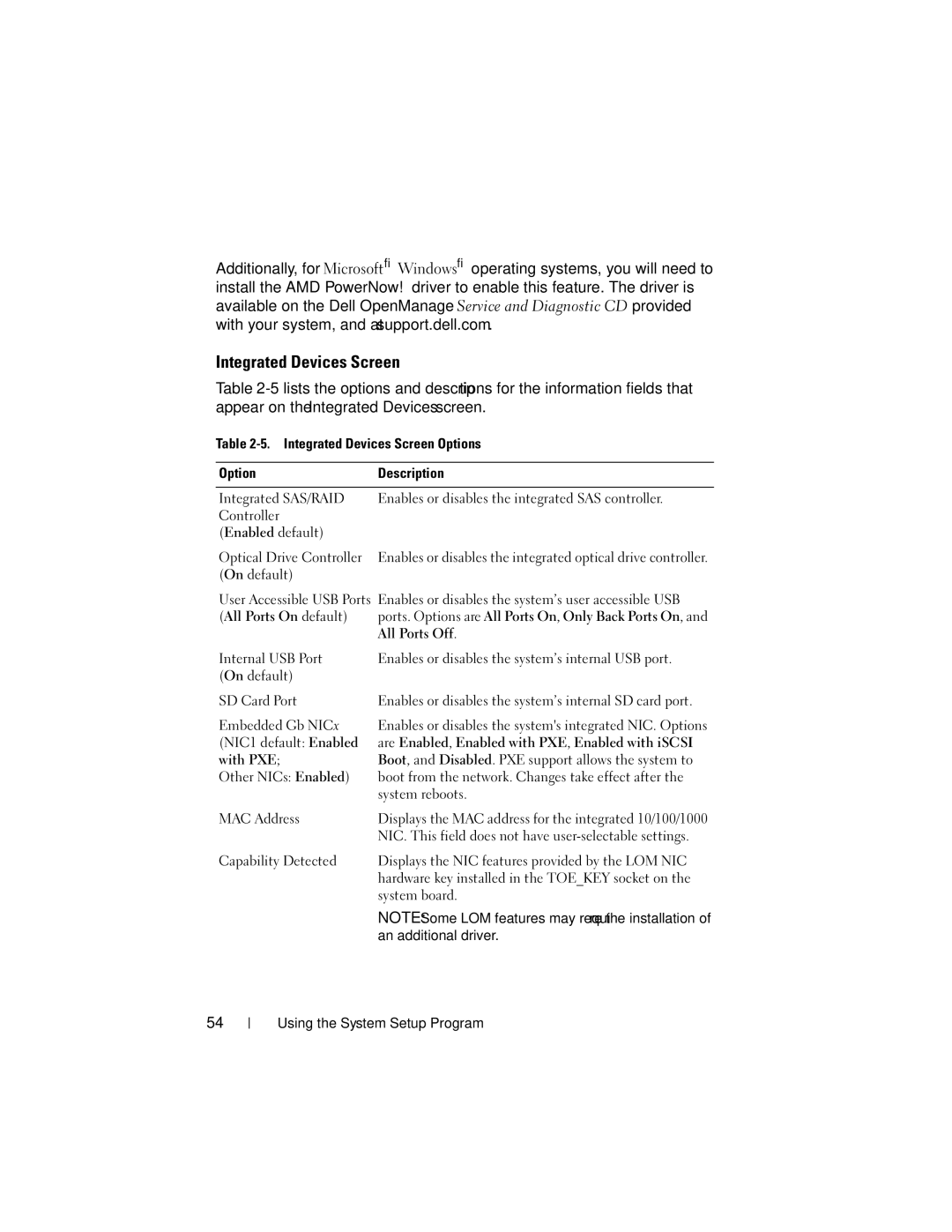 Dell R805 owner manual Integrated Devices Screen 