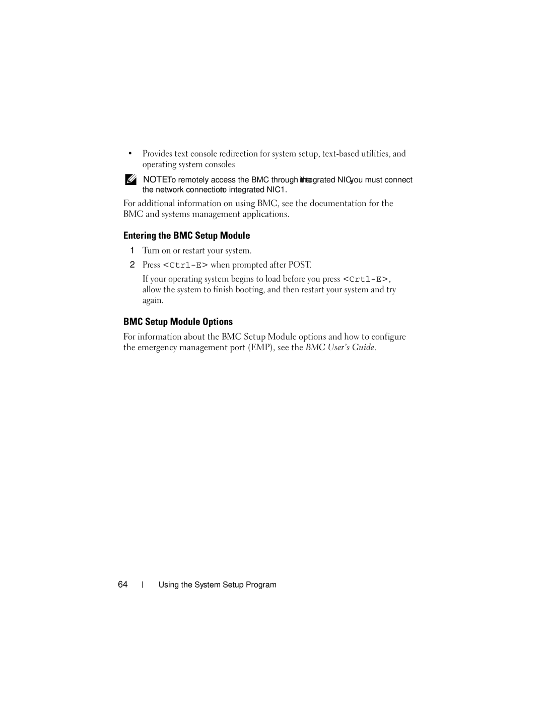 Dell R805 owner manual Entering the BMC Setup Module, BMC Setup Module Options 