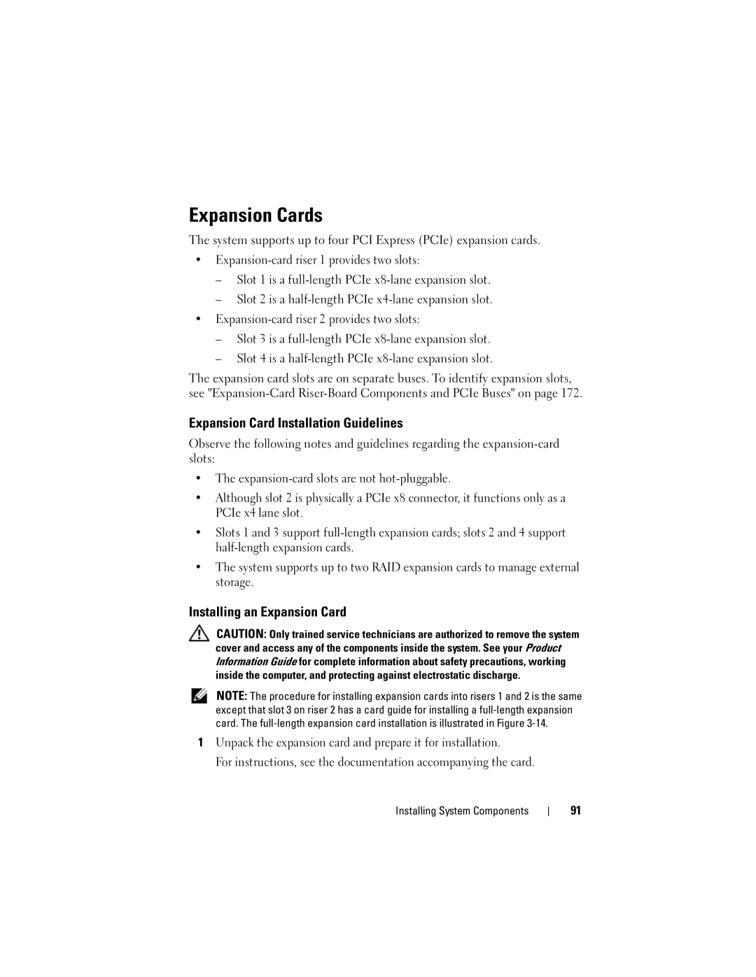 Dell R805 owner manual Expansion Cards, Expansion Card Installation Guidelines, Installing an Expansion Card 