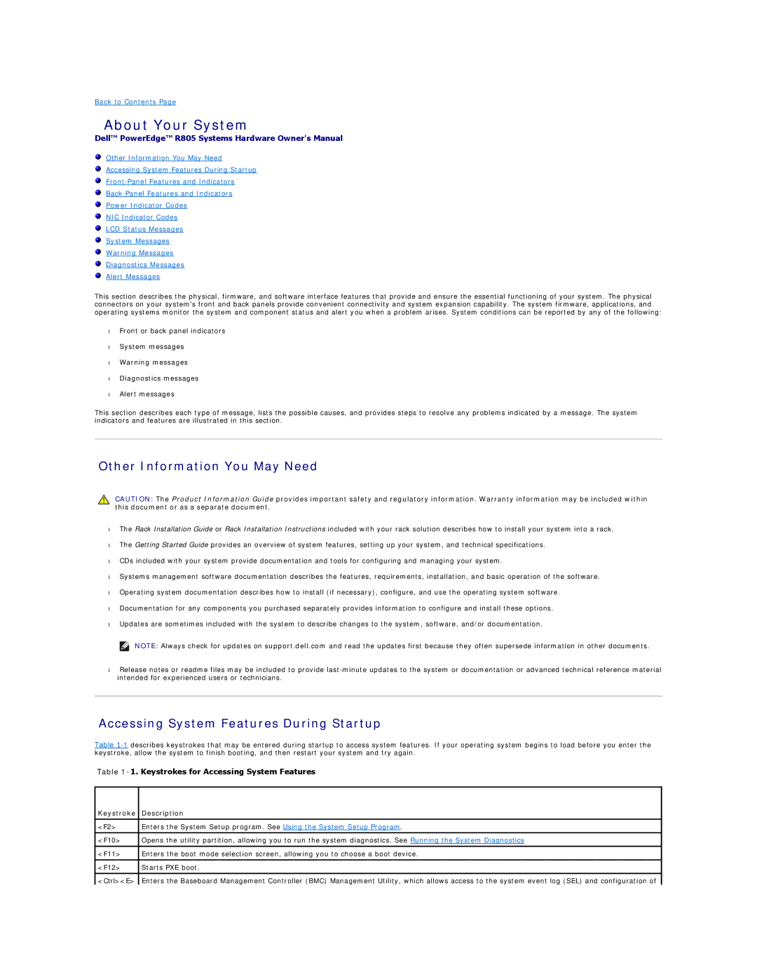 Dell R805 manual Other Information You May Need, Accessing System Features During Startup, Back to Contents 