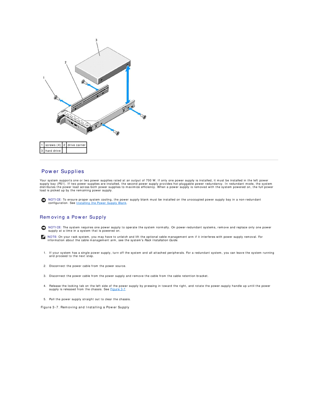 Dell R805 manual Power Supplies, Removing a Power Supply 