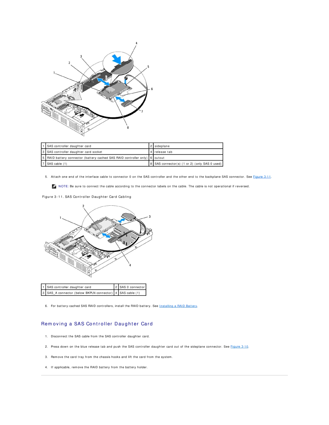 Dell R805 manual Removing a SAS Controller Daughter Card, SAS Controller Daughter Card Cabling 