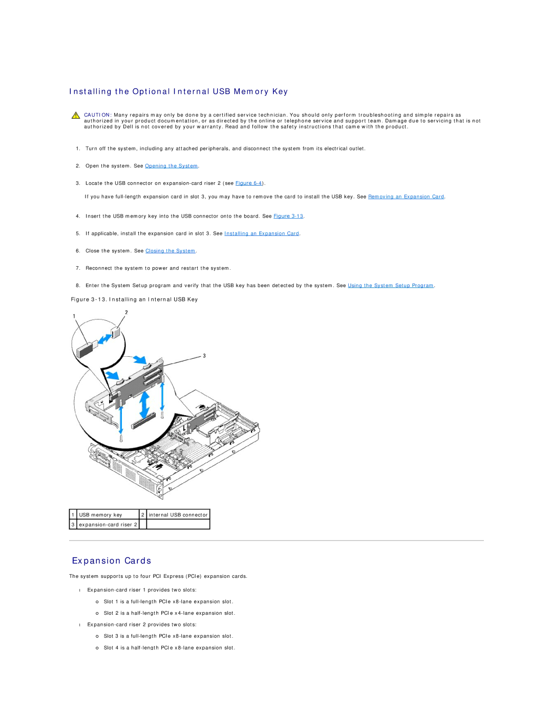 Dell R805 manual Expansion Cards, Installing the Optional Internal USB Memory Key 