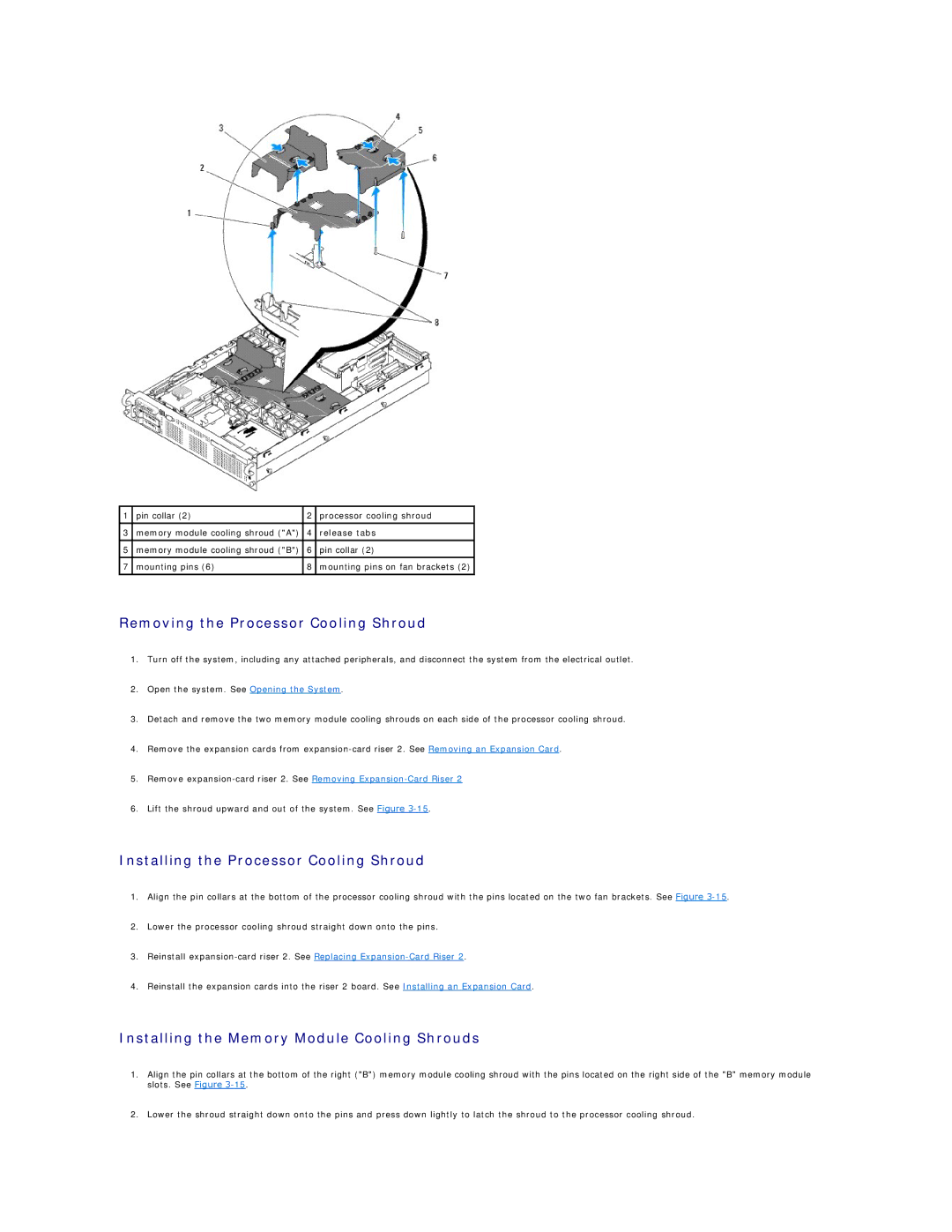 Dell R805 manual Removing the Processor Cooling Shroud, Installing the Processor Cooling Shroud 