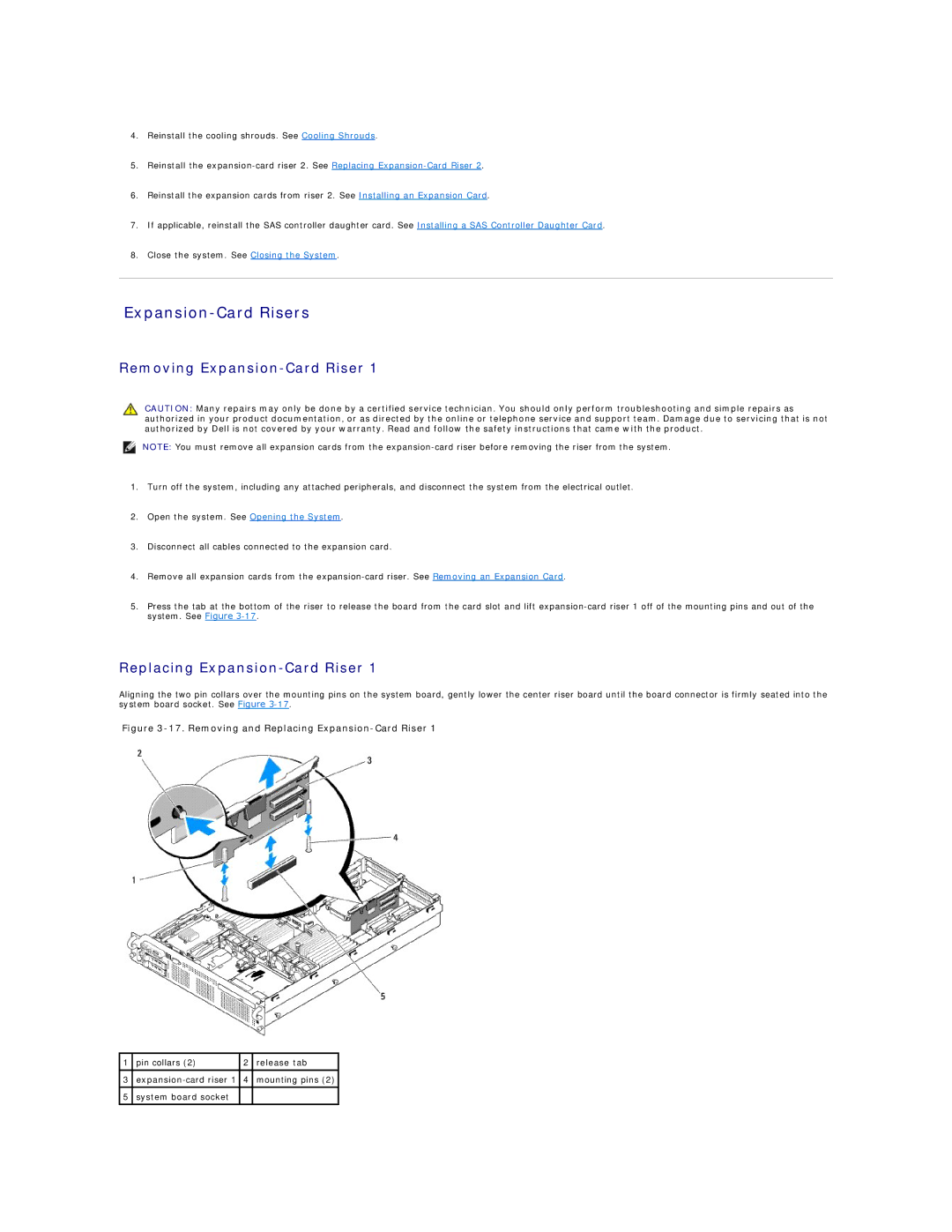 Dell R805 manual Expansion-Card Risers, Removing Expansion-Card Riser, Replacing Expansion-Card Riser 