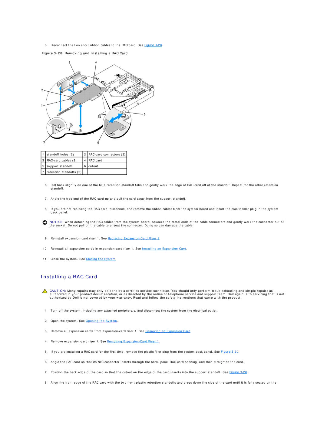 Dell R805 manual Removing and Installing a RAC Card 