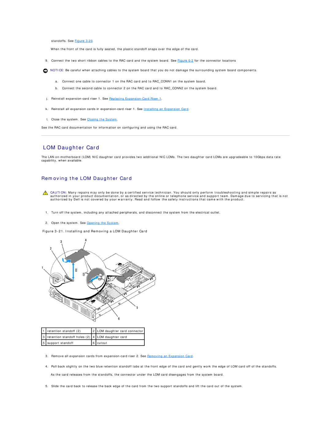 Dell R805 manual Removing the LOM Daughter Card 