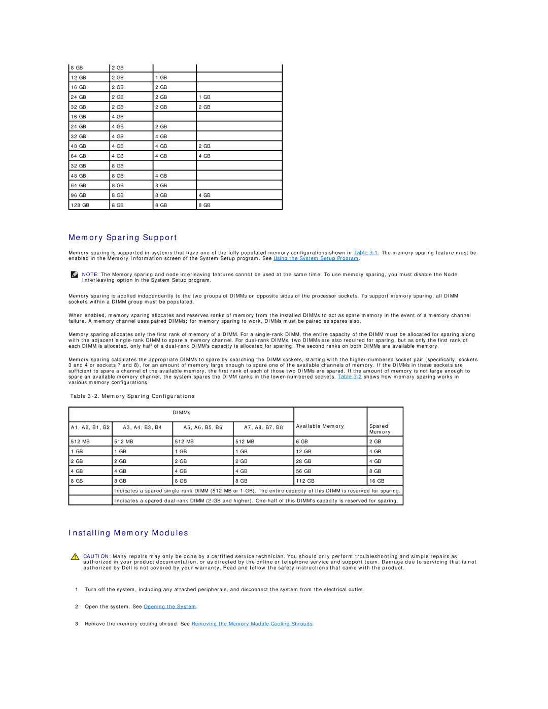 Dell R805 manual Memory Sparing Support, Installing Memory Modules, Memory Sparing Configurations 