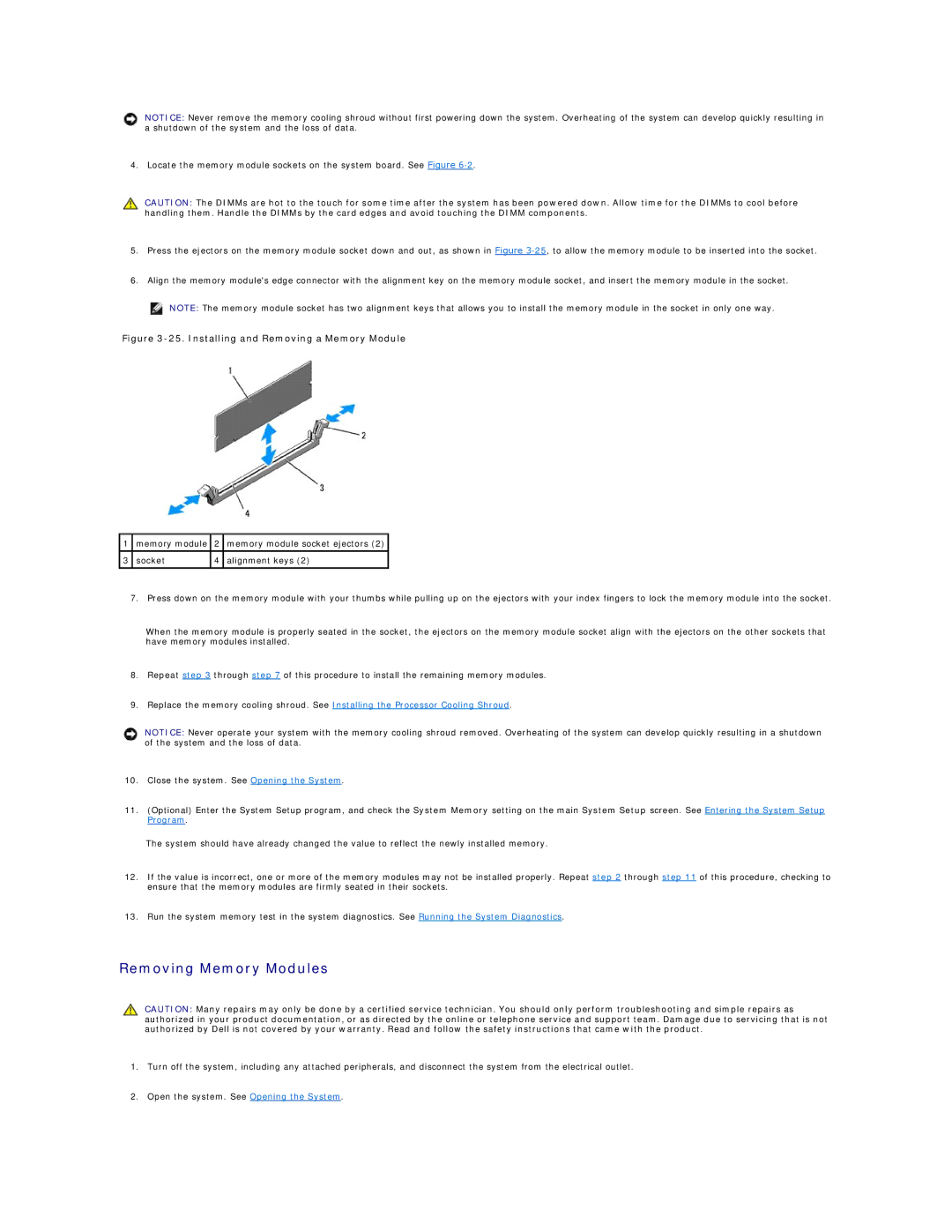 Dell R805 manual Removing Memory Modules, Installing and Removing a Memory Module 