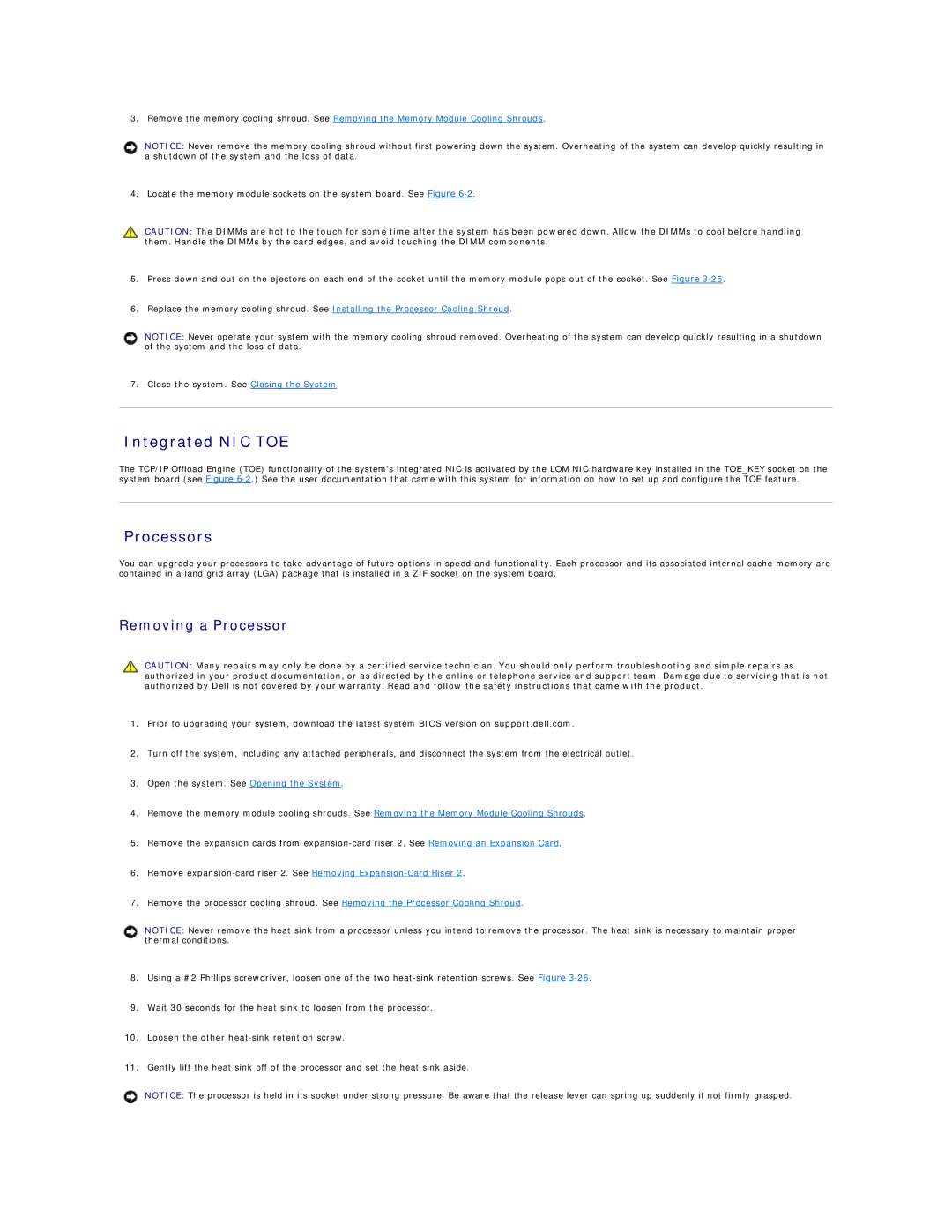 Dell R805 manual Integrated NIC TOE, Processors, Removing a Processor 
